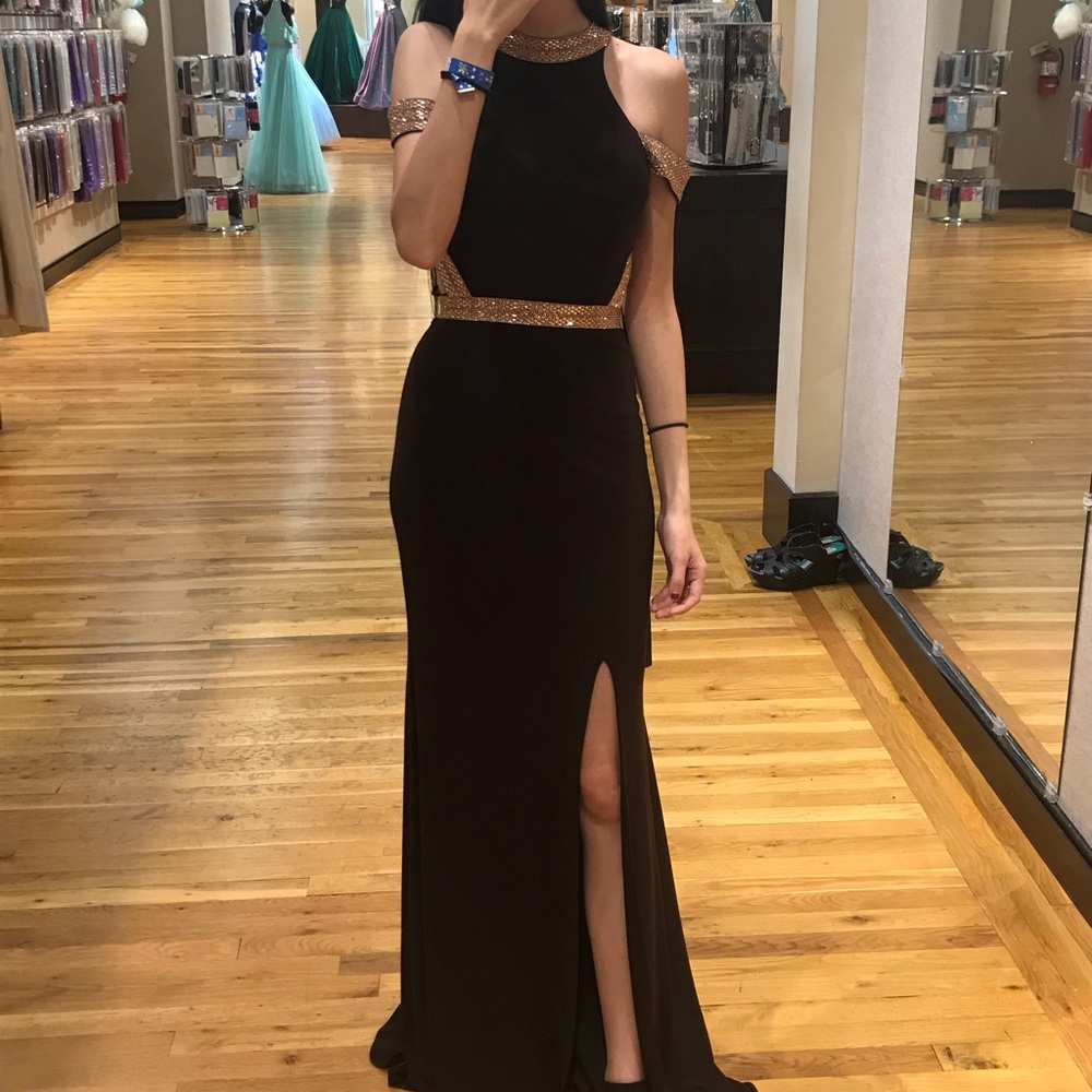 Brown and rose gold off the shoulder elegant dress - Picture 7 of 7